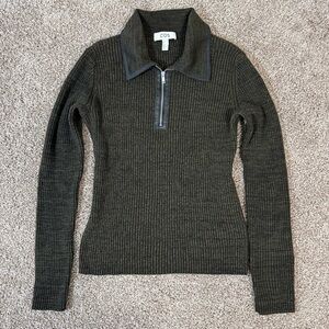 COS Olive Green Heavyweight Wool Half Zip Pullover M Leather Detail Quiet Luxury